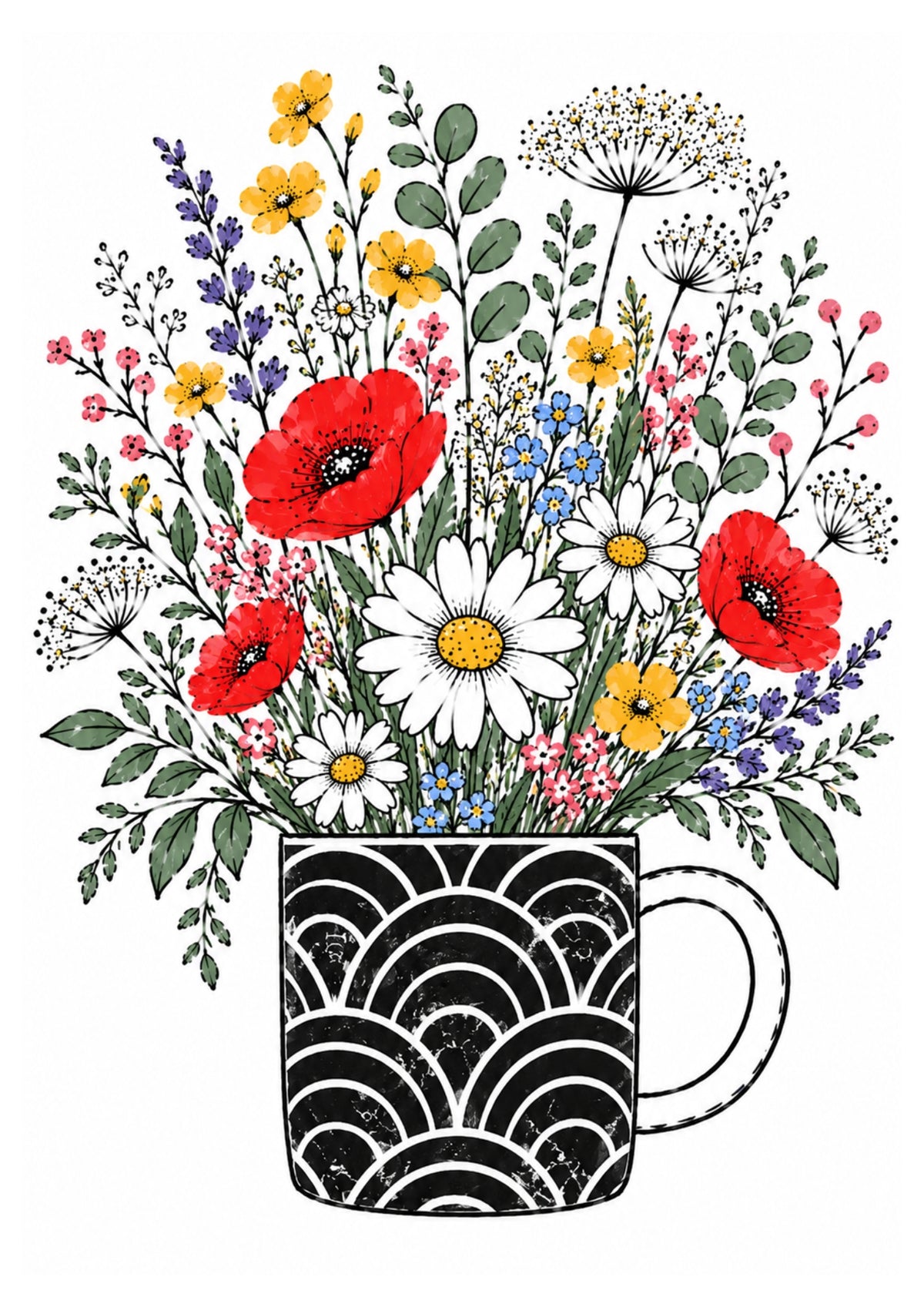 Wildflower Bouquet Art Print – Black Patterned Mug