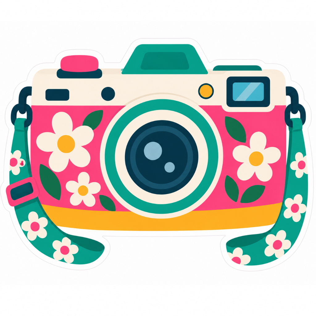 Retro Floral Camera Glossy Vinyl Sticker – 10 cm