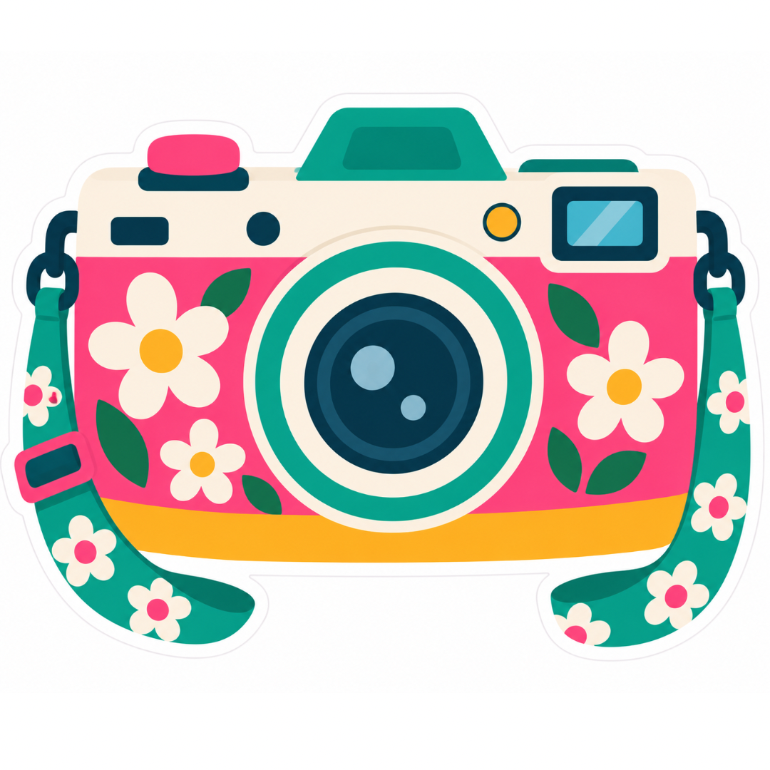 Retro Floral Camera Glossy Vinyl Sticker – 10 cm