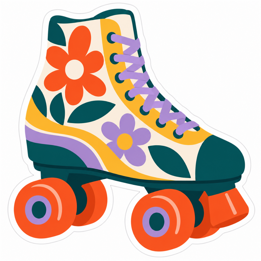 Retro Floral Roller Skate Glossy Vinyl Sticker – 10 cm