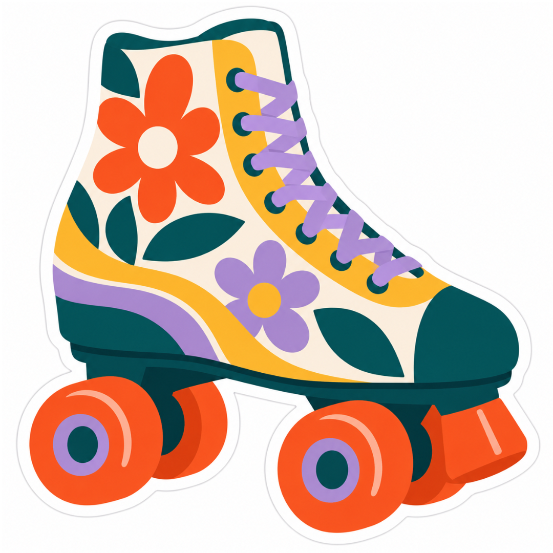 Retro Floral Roller Skate Glossy Vinyl Sticker – 10 cm