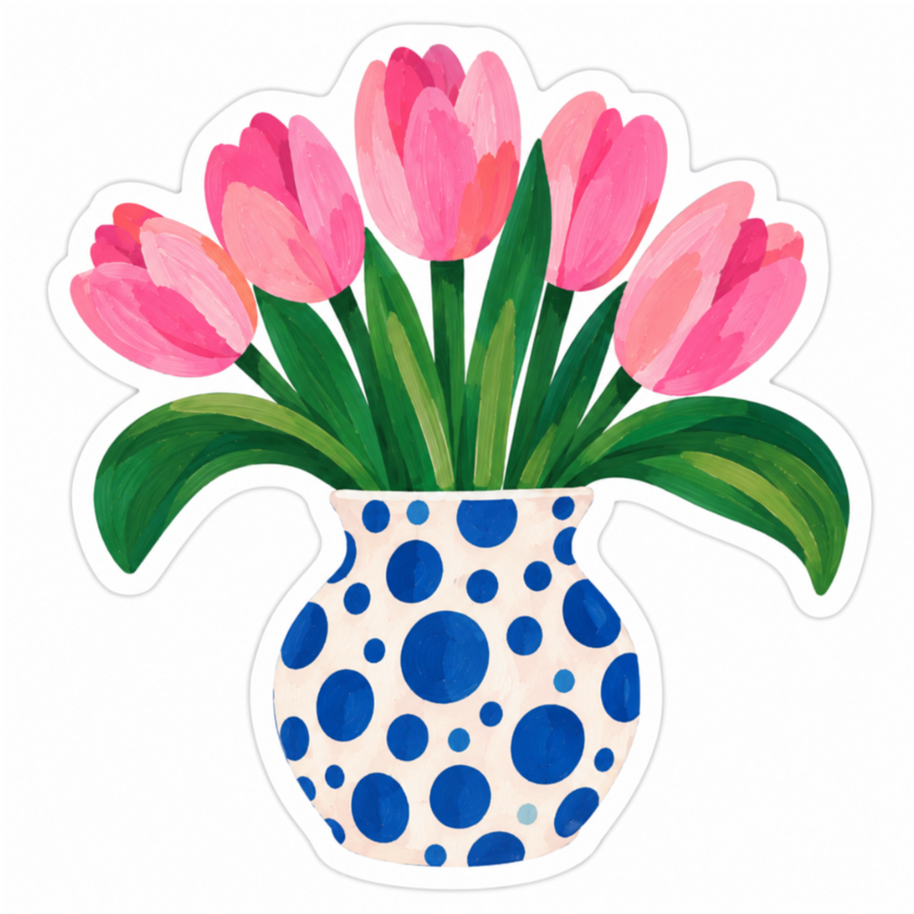 Pink Tulips in Polka Dot Vase Glossy Vinyl Sticker – 10 cm