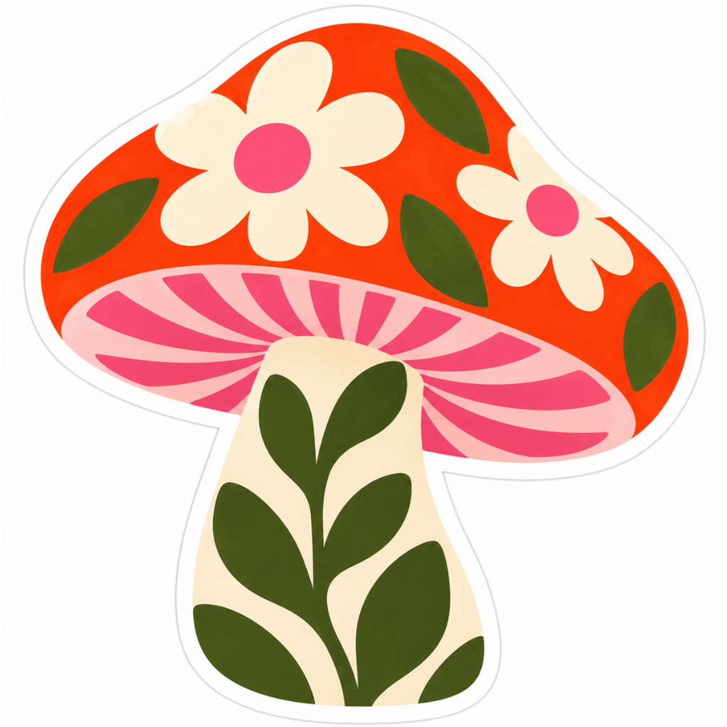 Retro Floral Mushroom Glossy Vinyl Sticker – 10 cm