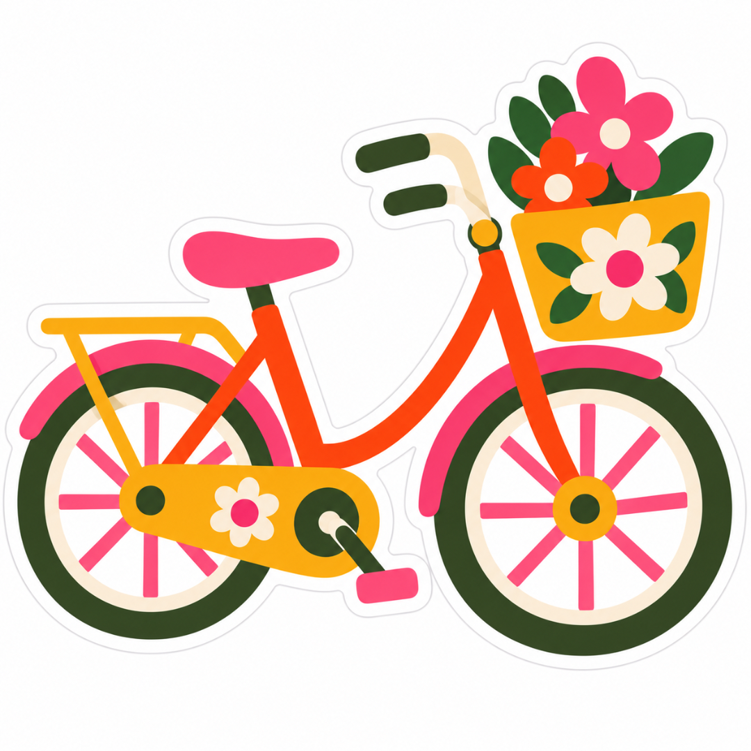 Retro Floral Bicycle Glossy Vinyl Sticker – 10 cm
