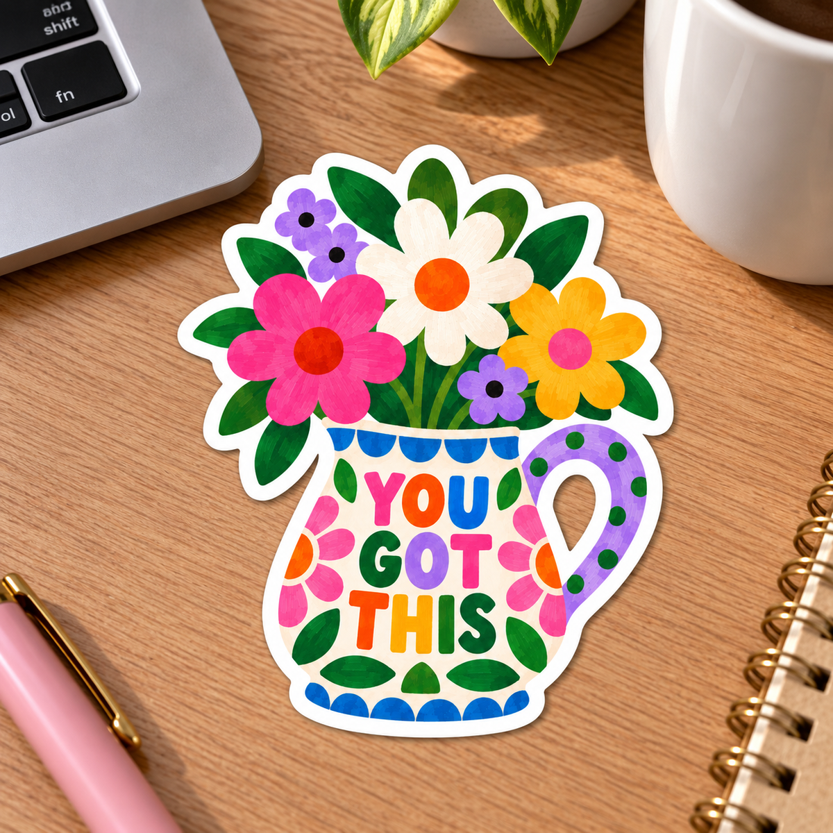 You Got This Floral Jug Glossy Vinyl Sticker – 10 cm