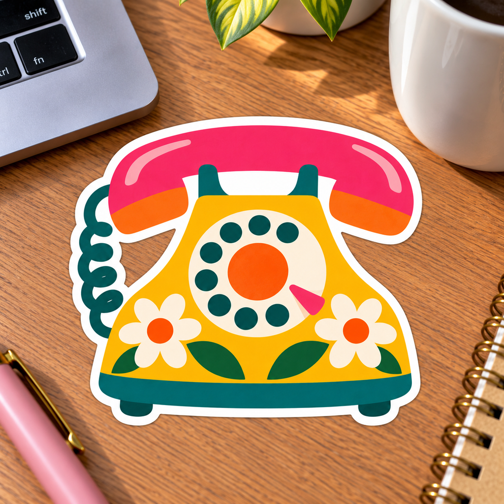 Retro Floral Telephone Glossy Vinyl Sticker – 10 cm