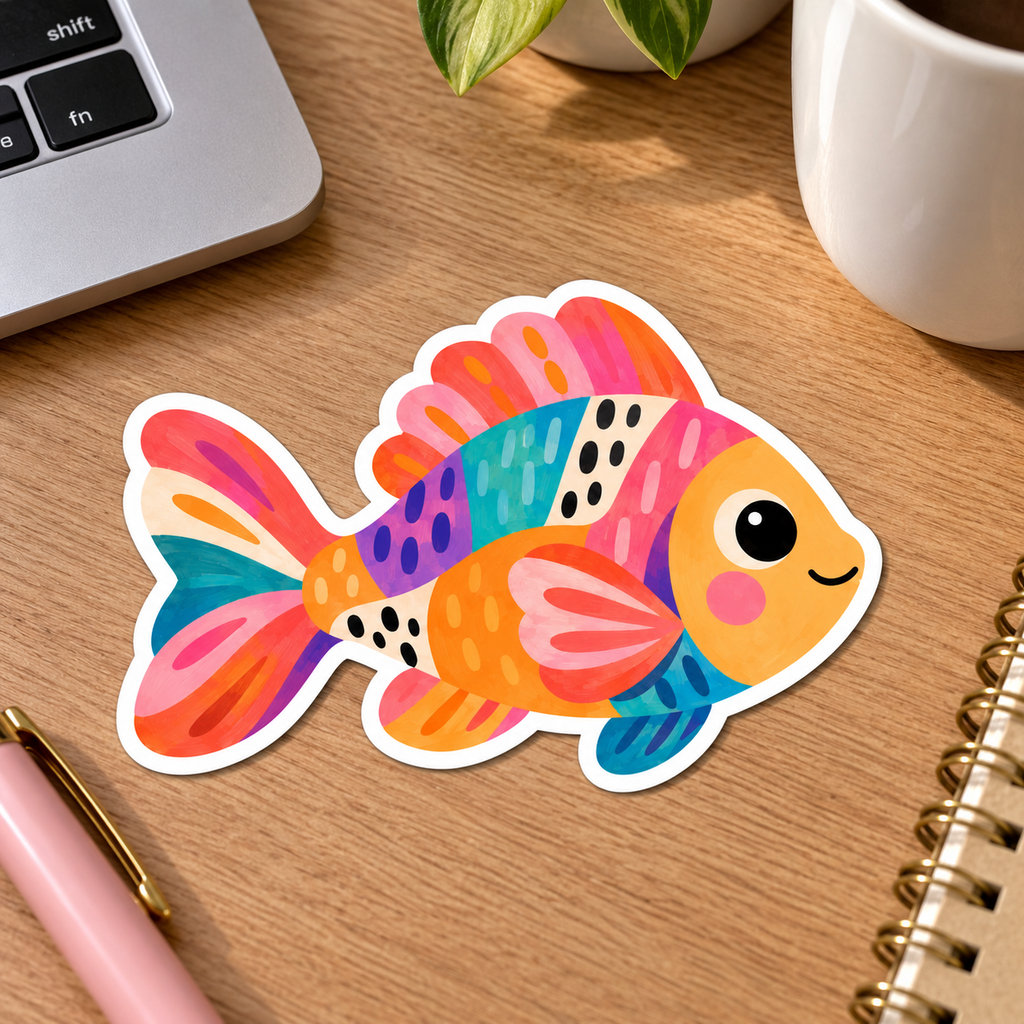 Colourful Happy Fish Glossy Vinyl Sticker – 10 cm