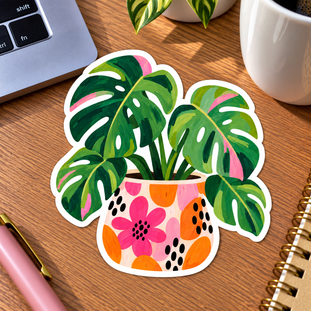 Colourful Monstera Plant Glossy Vinyl Sticker – 10 cm