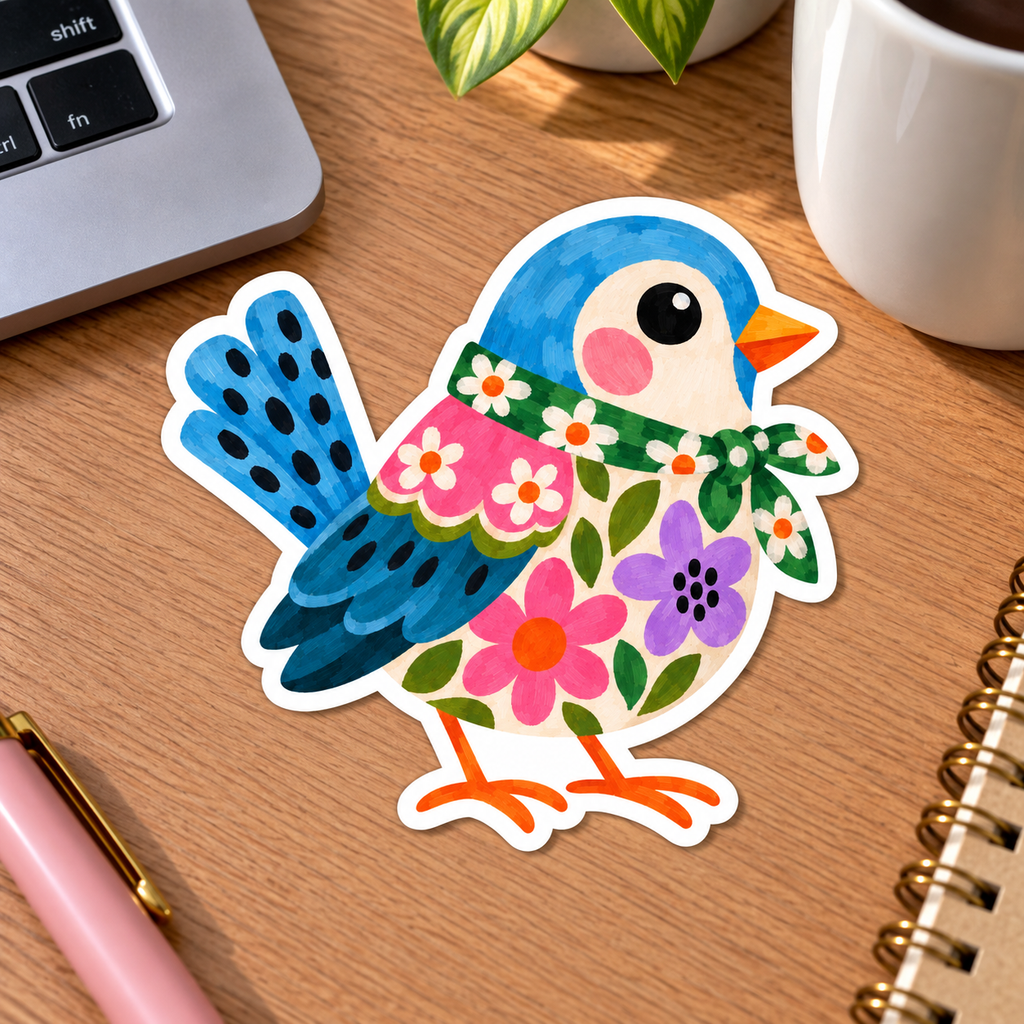 Colourful Floral Bird Glossy Vinyl Sticker – 10 cm