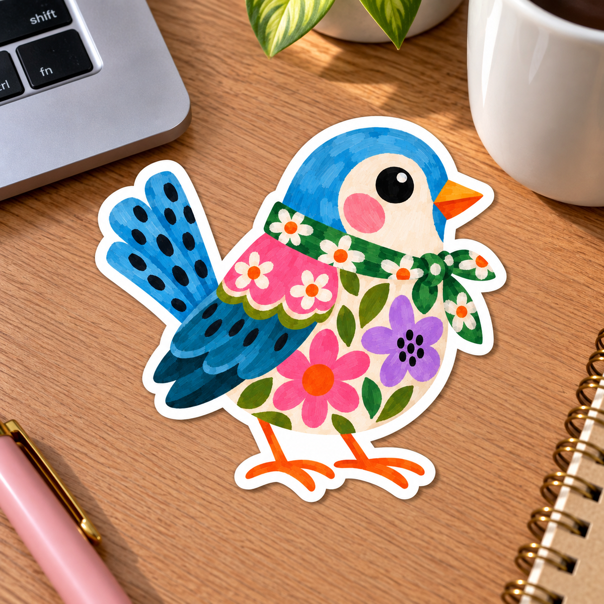 Colourful Floral Bird Glossy Vinyl Sticker – 10 cm