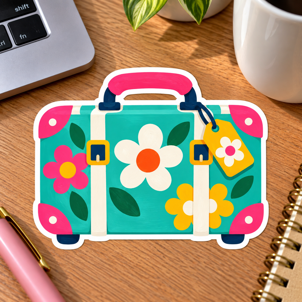 Retro Floral Suitcase Glossy Vinyl Sticker – 10 cm