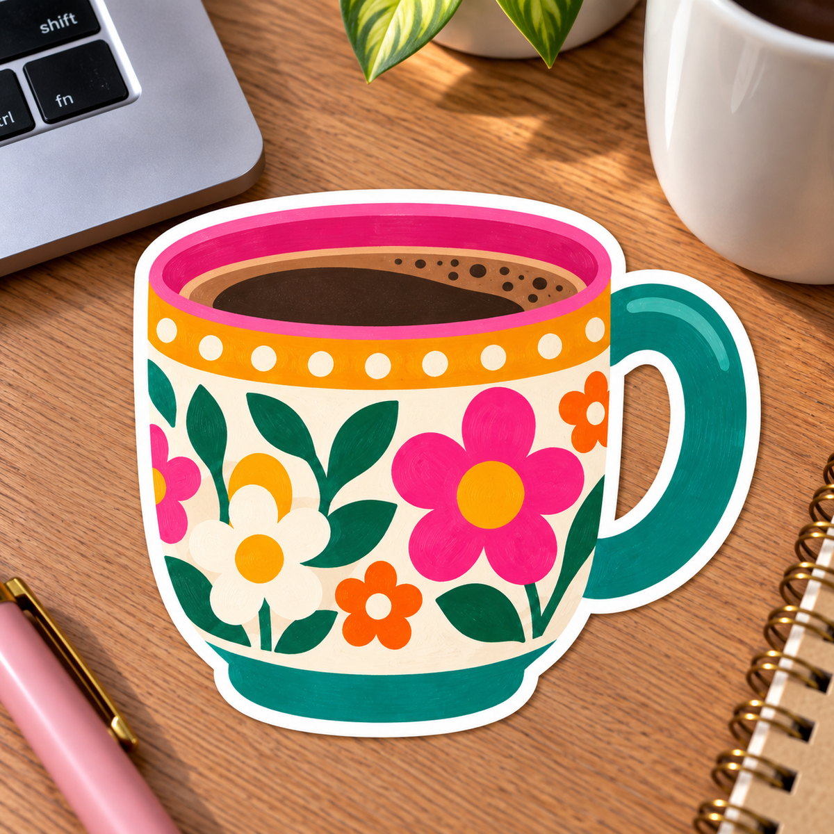 Retro Floral Coffee Mug Glossy Vinyl Sticker – 10 cm