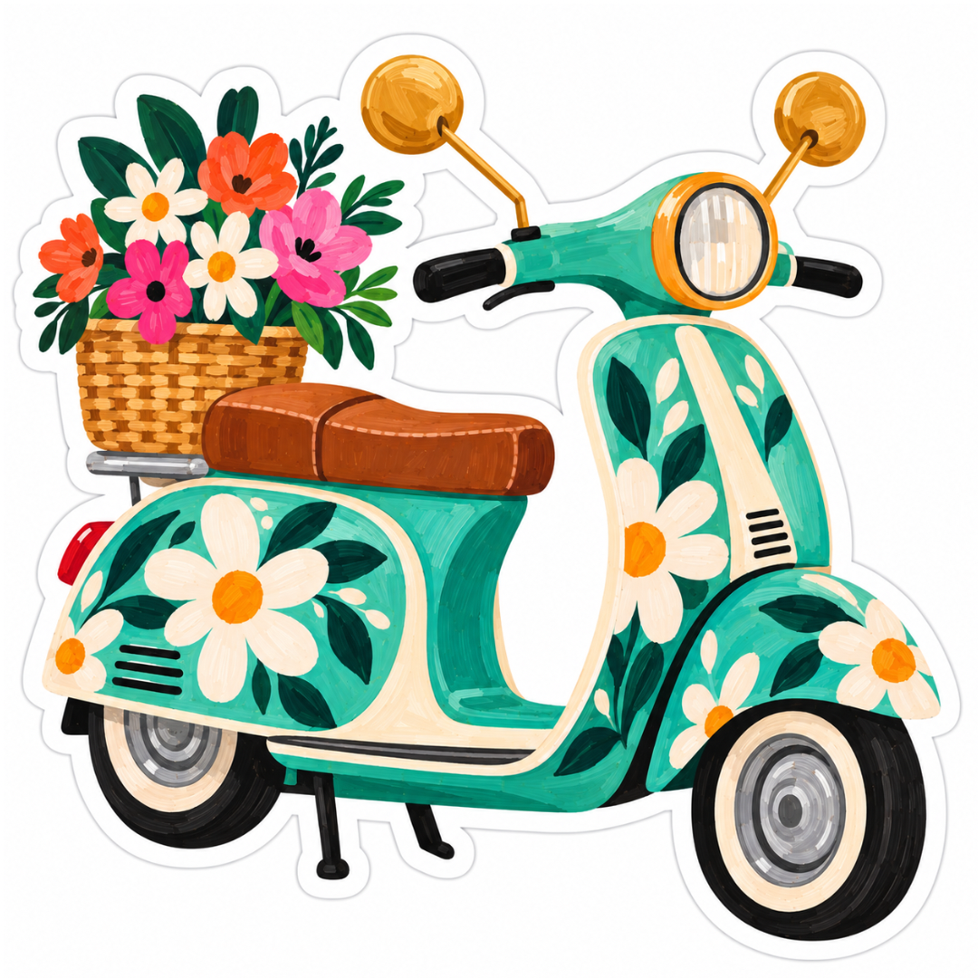 Floral Retro Scooter Glossy Vinyl Sticker – 10 cm