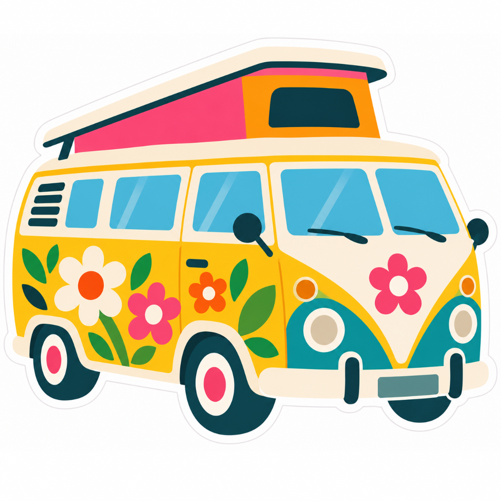 Retro Floral Campervan Glossy Vinyl Sticker – 10 cm
