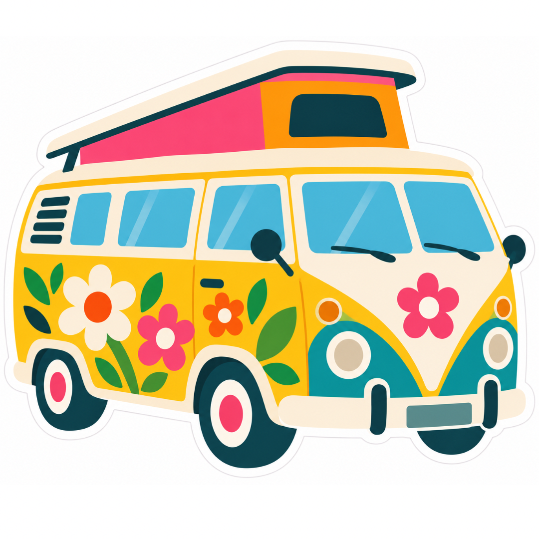 Retro Floral Campervan Glossy Vinyl Sticker – 10 cm