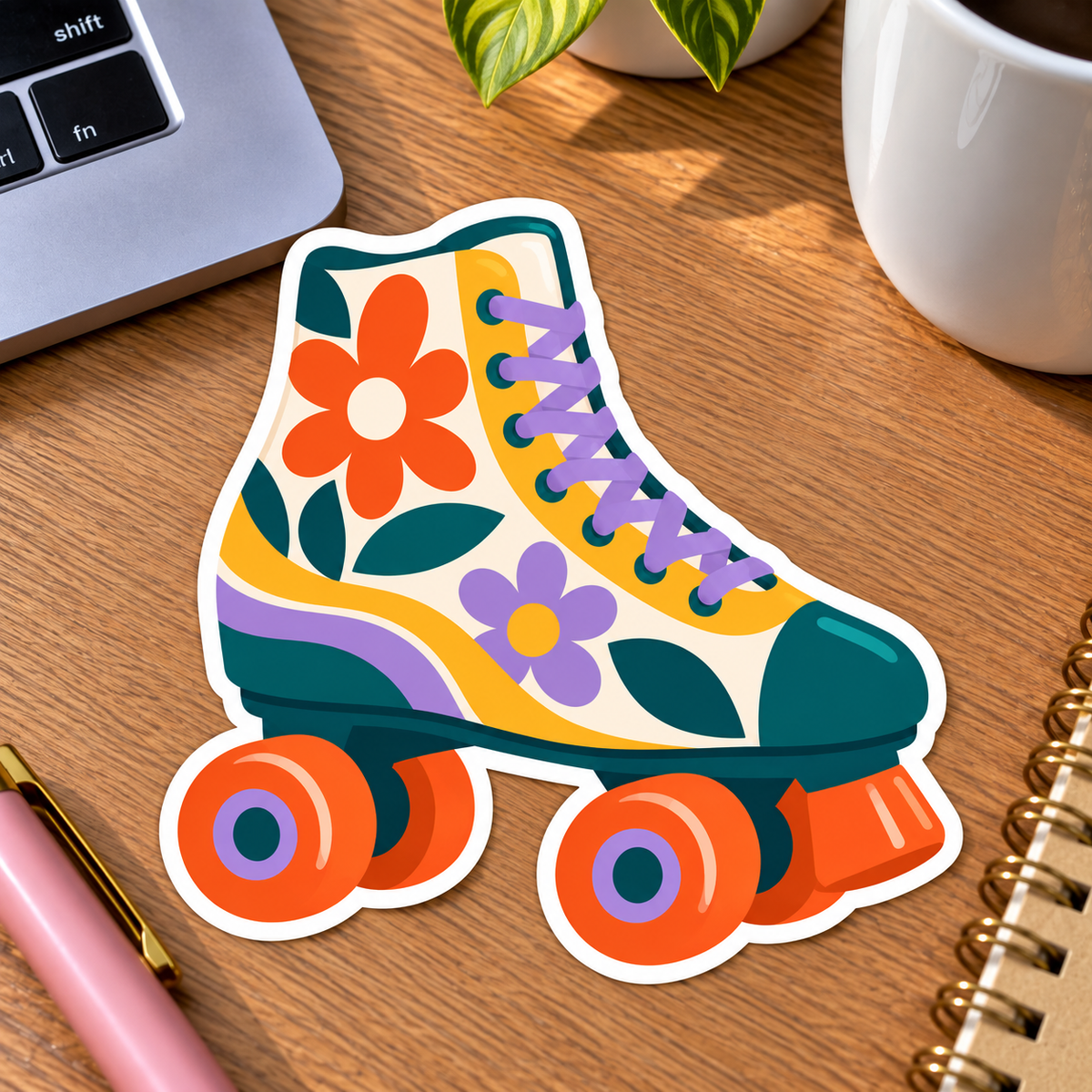 Retro Floral Roller Skate Glossy Vinyl Sticker – 10 cm