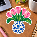 Pink Tulips in Polka Dot Vase Glossy Vinyl Sticker – 10 cm