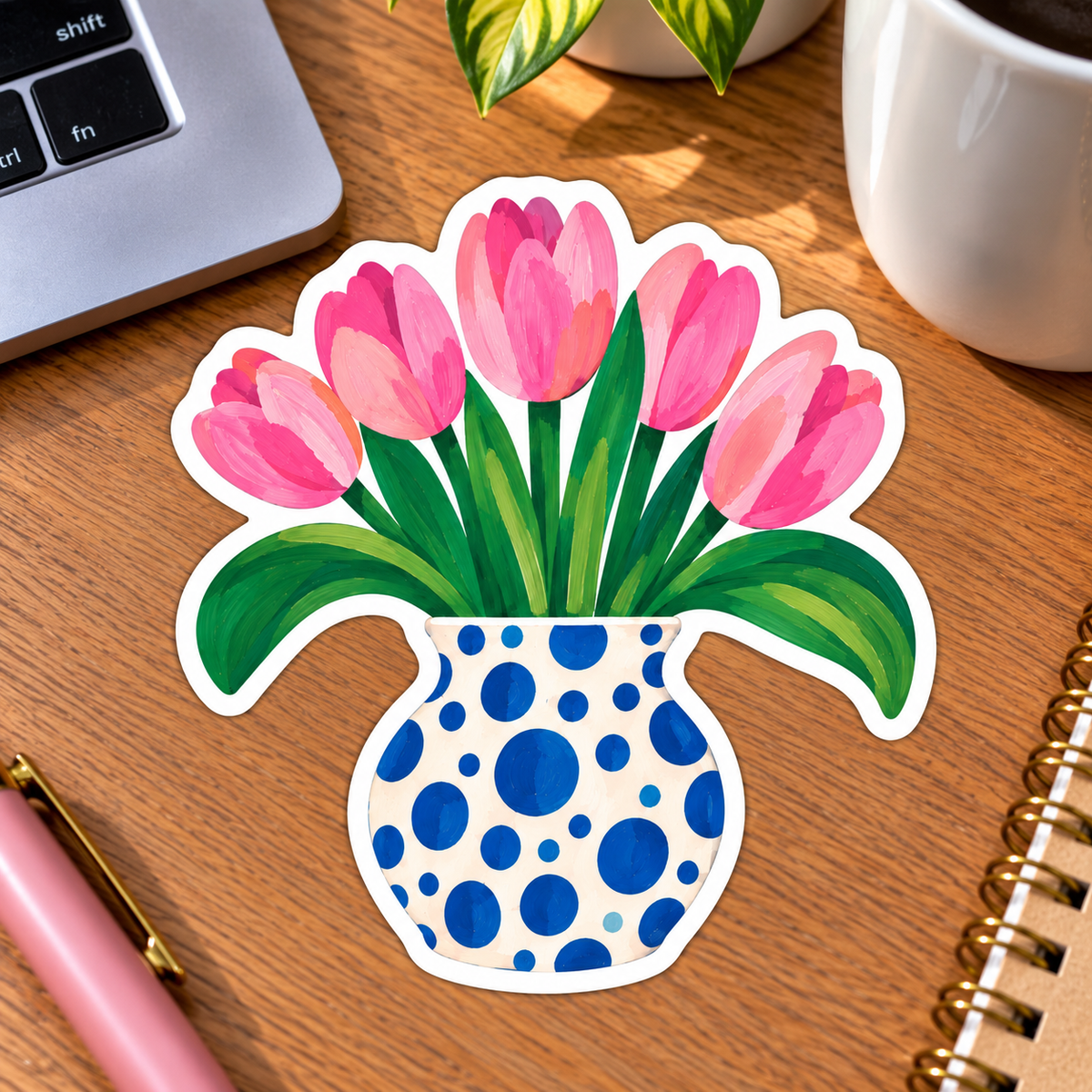 Pink Tulips in Polka Dot Vase Glossy Vinyl Sticker – 10 cm