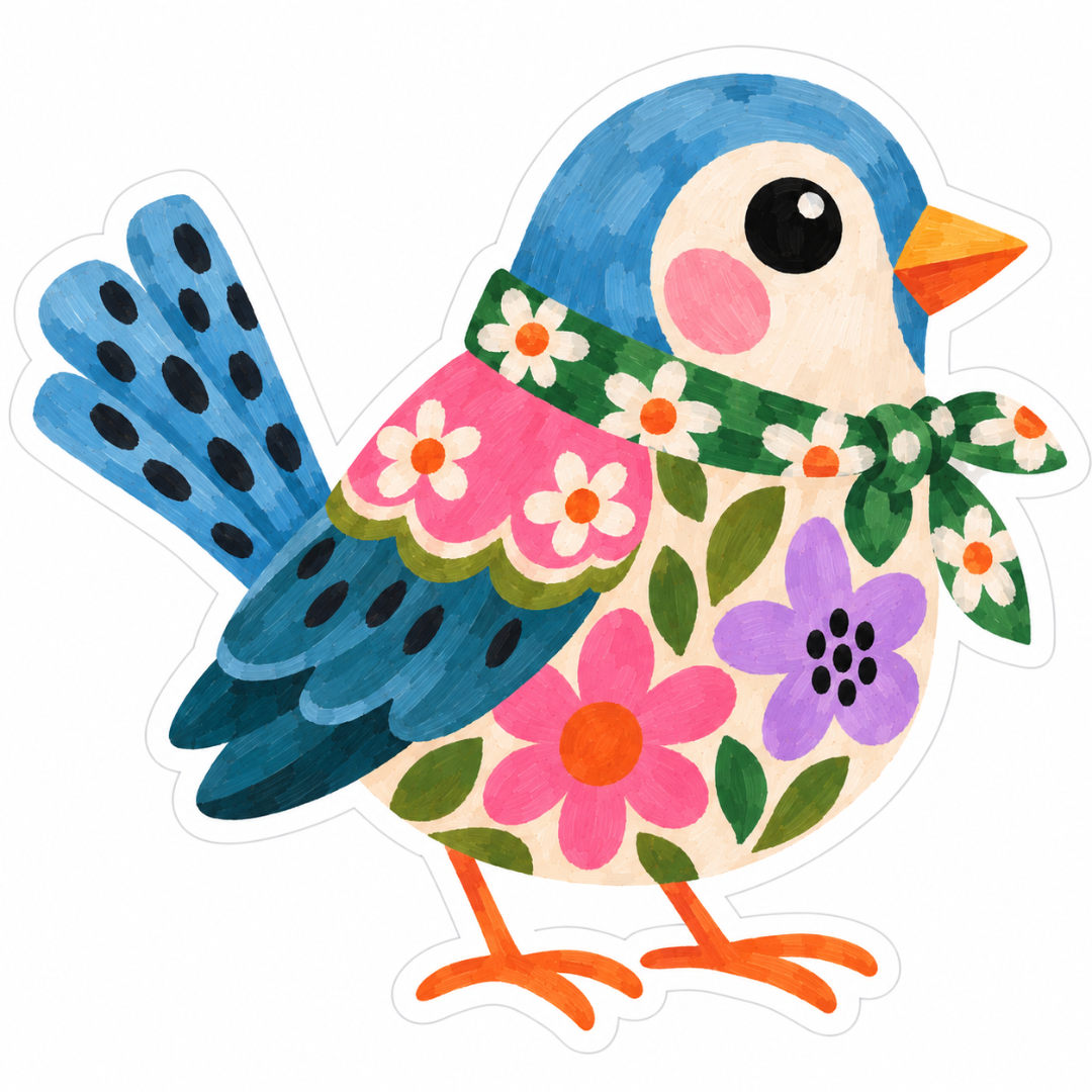 Colourful Floral Bird Glossy Vinyl Sticker – 10 cm