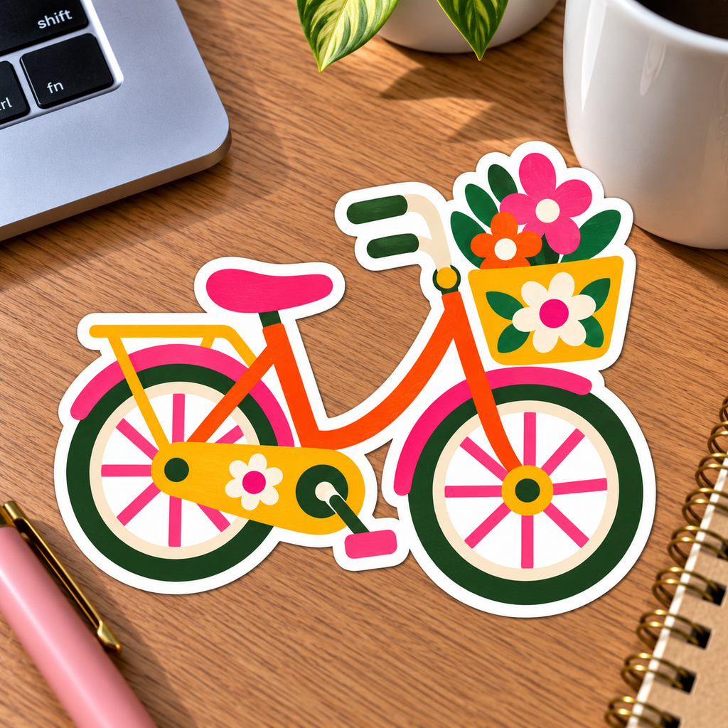 Retro Floral Bicycle Glossy Vinyl Sticker – 10 cm
