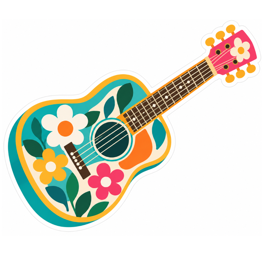 Retro Floral Guitar Glossy Vinyl Sticker – 10 cm
