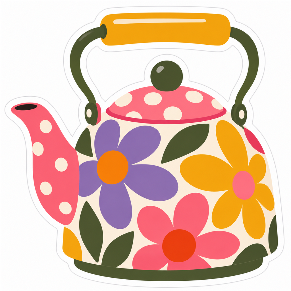 Retro Floral Kettle Glossy Vinyl Sticker – 10 cm