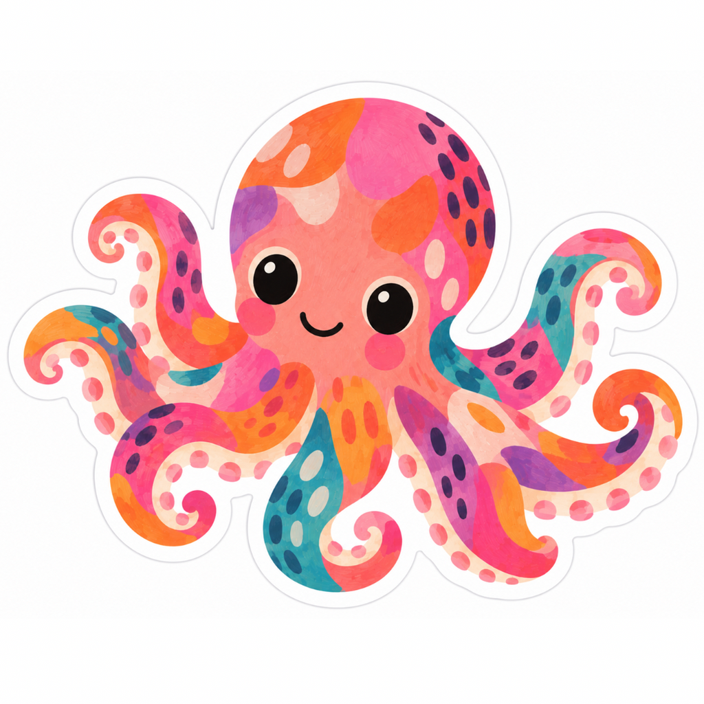 Colourful Happy Octopus Glossy Vinyl Sticker – 10 cm