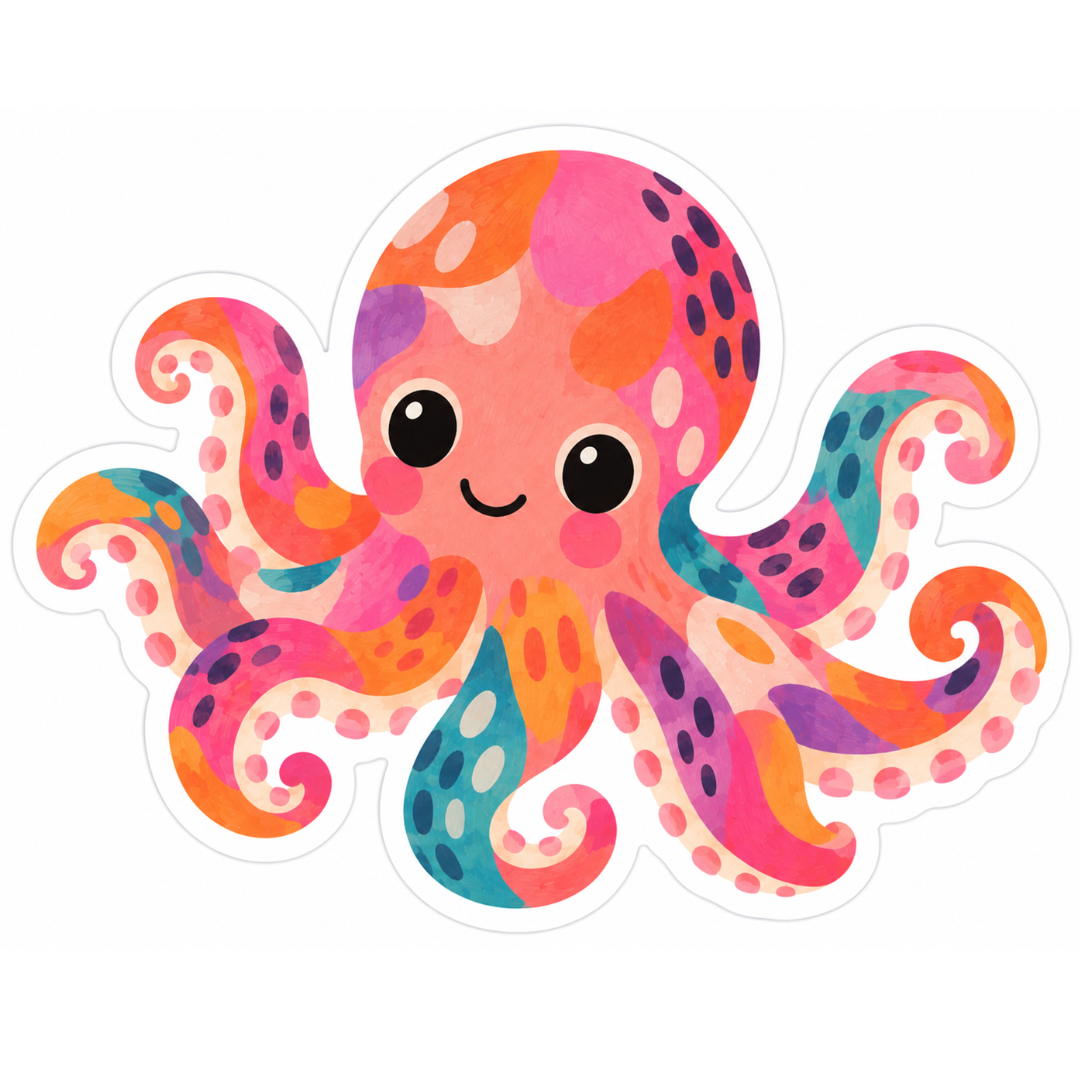 Colourful Happy Octopus Glossy Vinyl Sticker – 10 cm