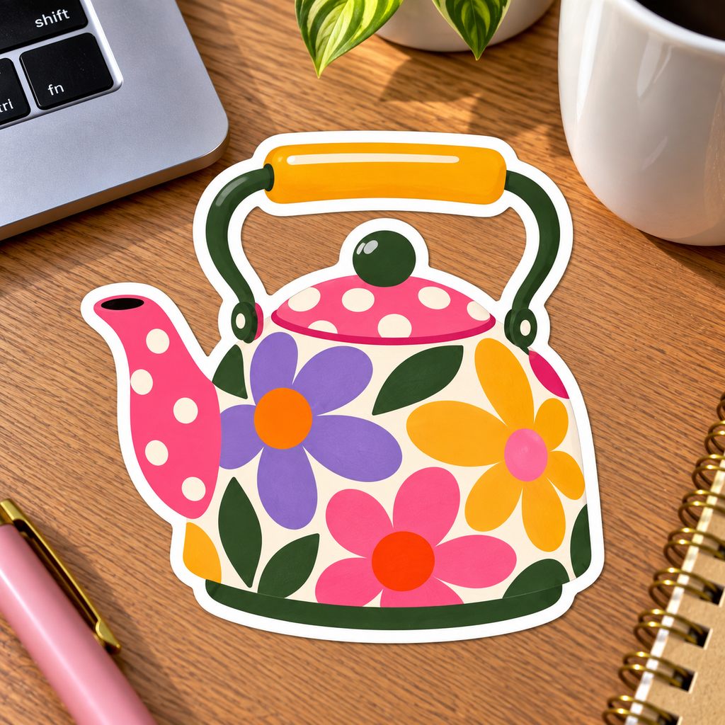 Retro Floral Kettle Glossy Vinyl Sticker – 10 cm