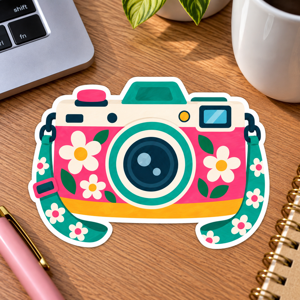 Retro Floral Camera Glossy Vinyl Sticker – 10 cm