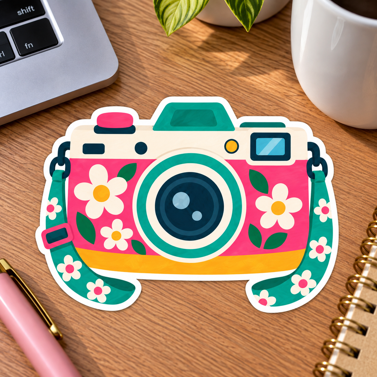 Retro Floral Camera Glossy Vinyl Sticker – 10 cm