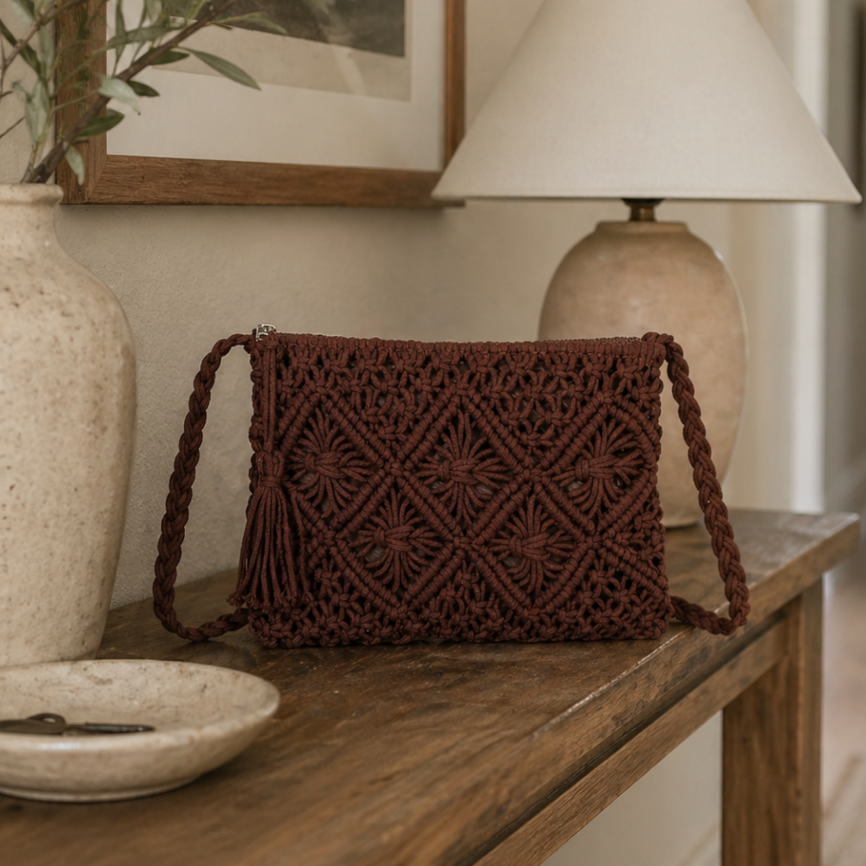 Crochet Crossbody Bag - Coffee