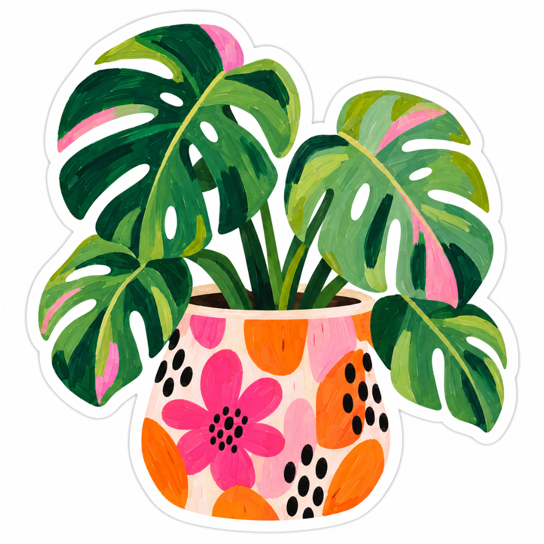 Colourful Monstera Plant Glossy Vinyl Sticker – 10 cm