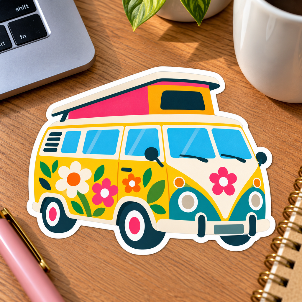 Retro Floral Campervan Glossy Vinyl Sticker – 10 cm