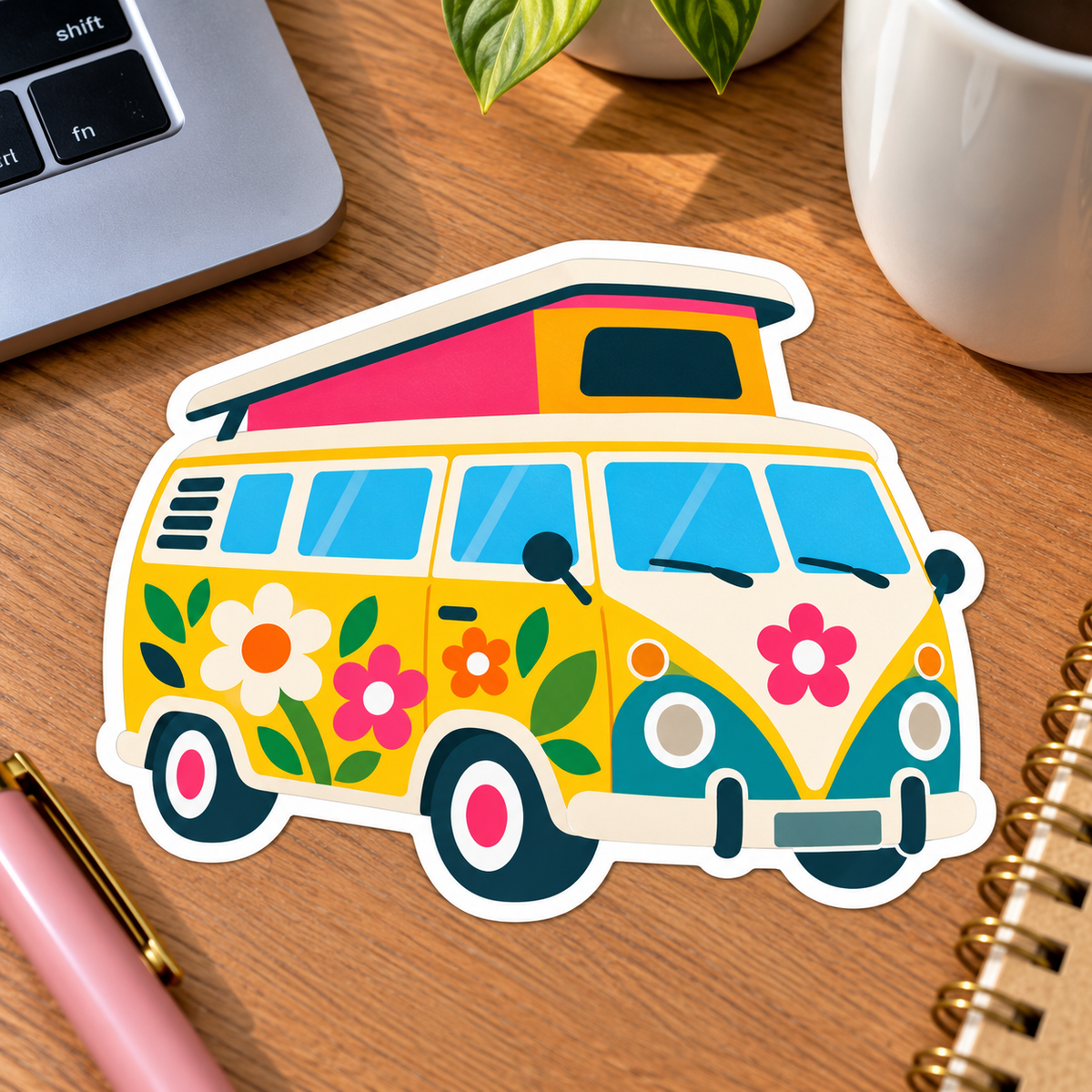 Retro Floral Campervan Glossy Vinyl Sticker – 10 cm