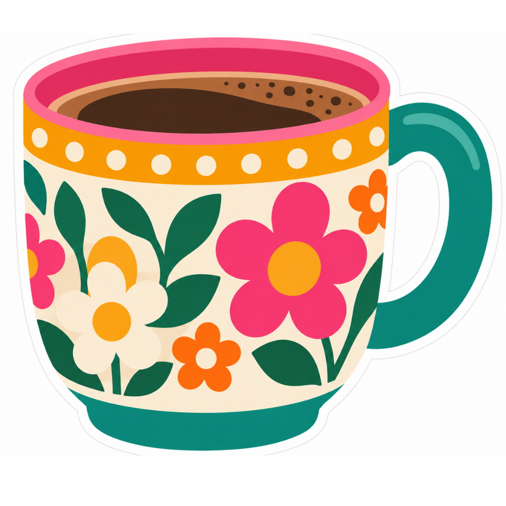 Retro Floral Coffee Mug Glossy Vinyl Sticker – 10 cm