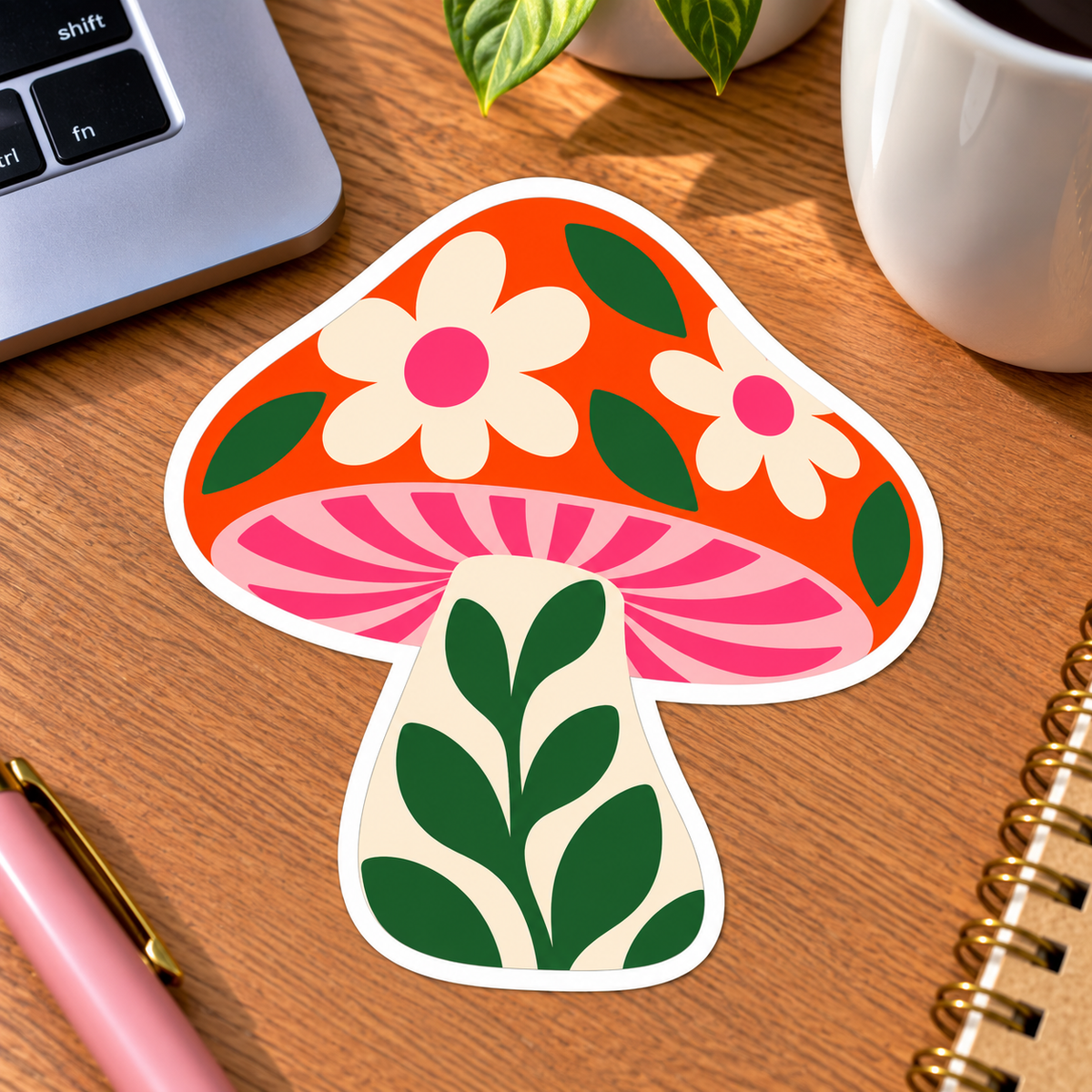 Retro Floral Mushroom Glossy Vinyl Sticker – 10 cm