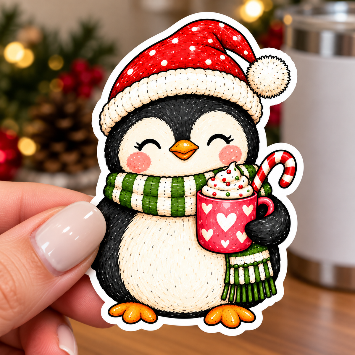 Christmas Penguin Glossy Vinyl Sticker – 10 cm