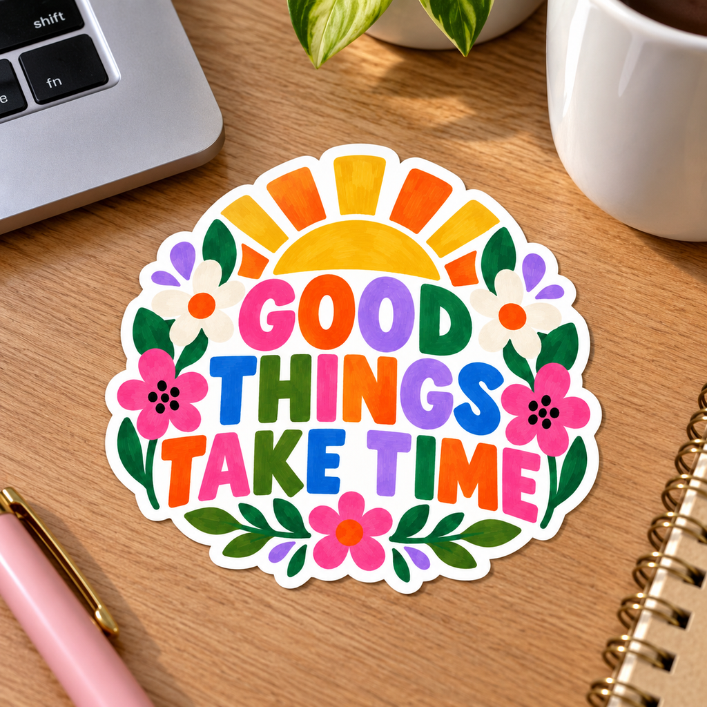 Good Things Take Time Glossy Vinyl Sticker – 10 cm