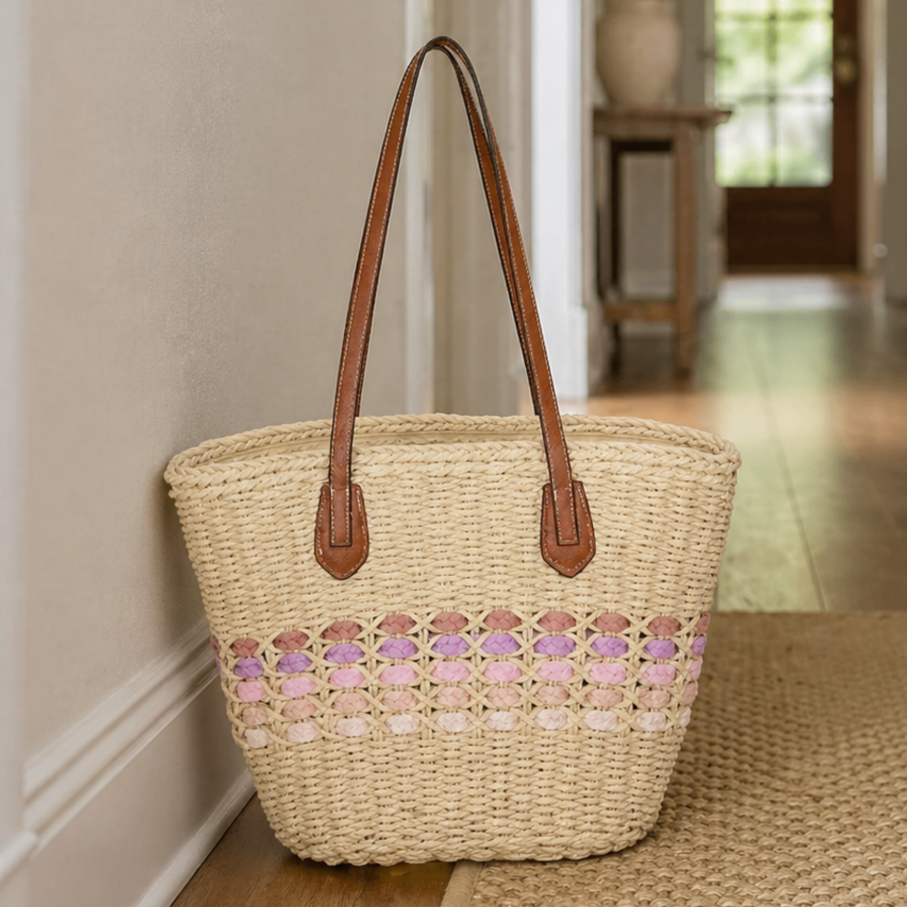 Pink Straw Shopper Bag