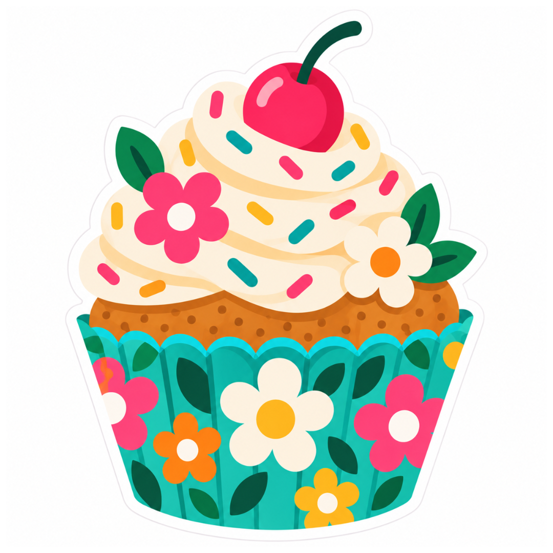 Floral Cupcake Glossy Vinyl Sticker – 10 cm