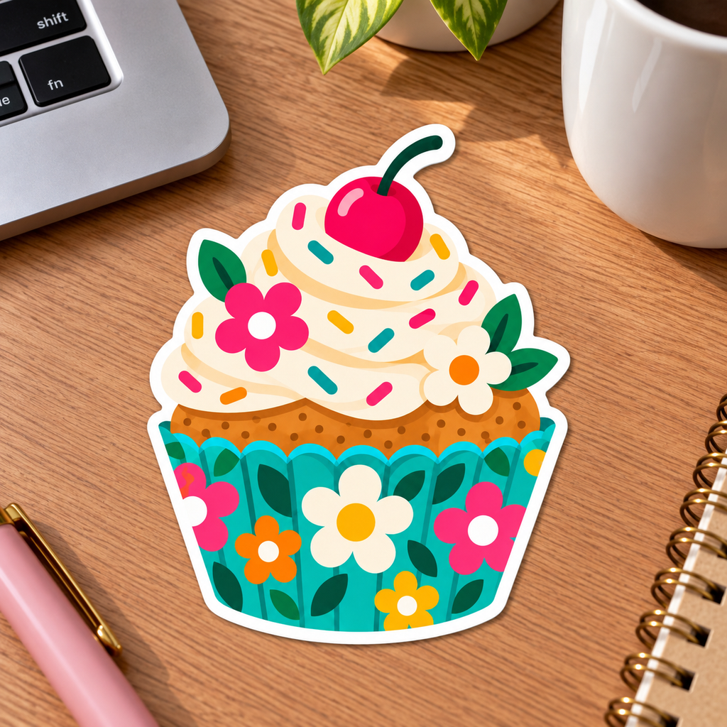 Floral Cupcake Glossy Vinyl Sticker – 10 cm