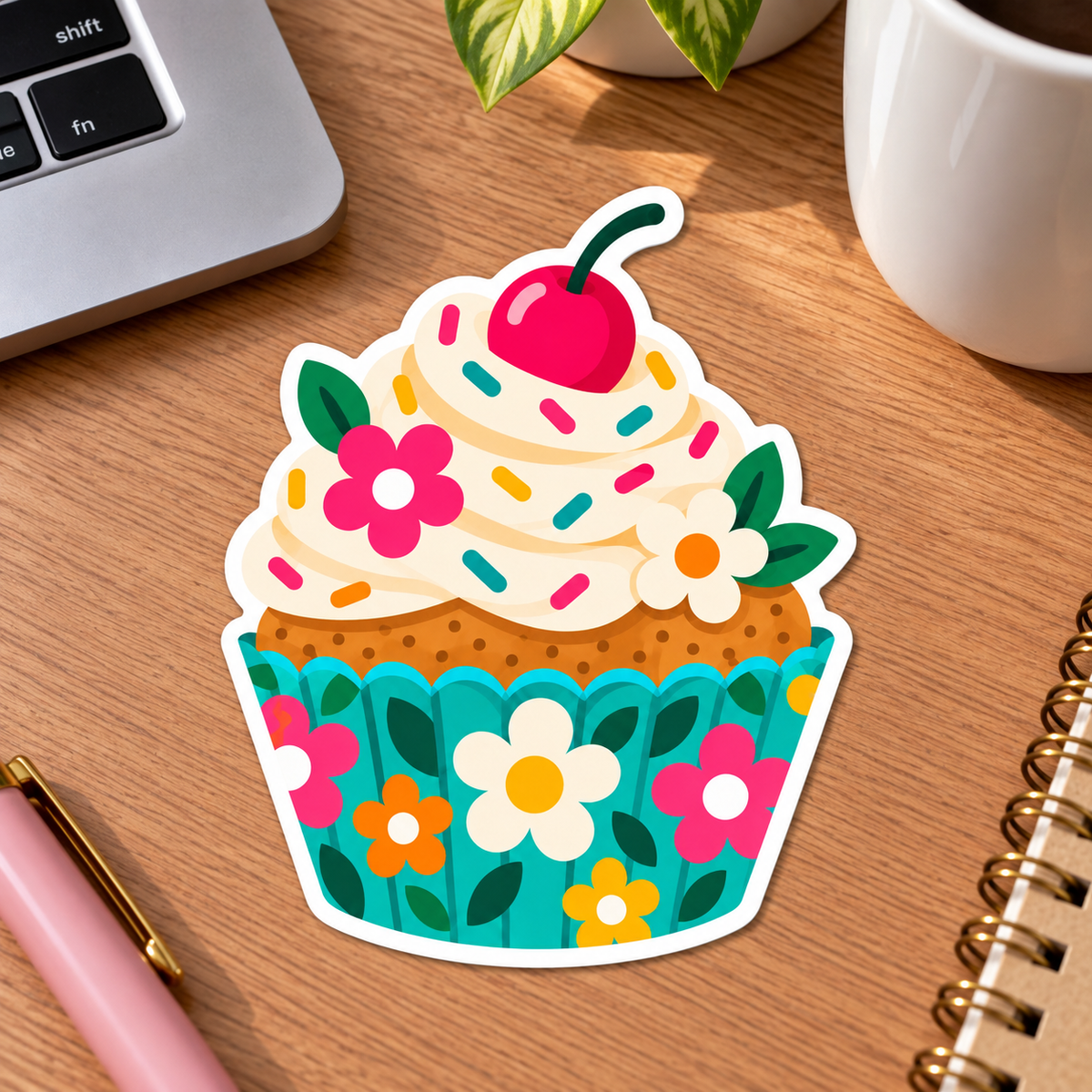 Floral Cupcake Glossy Vinyl Sticker – 10 cm