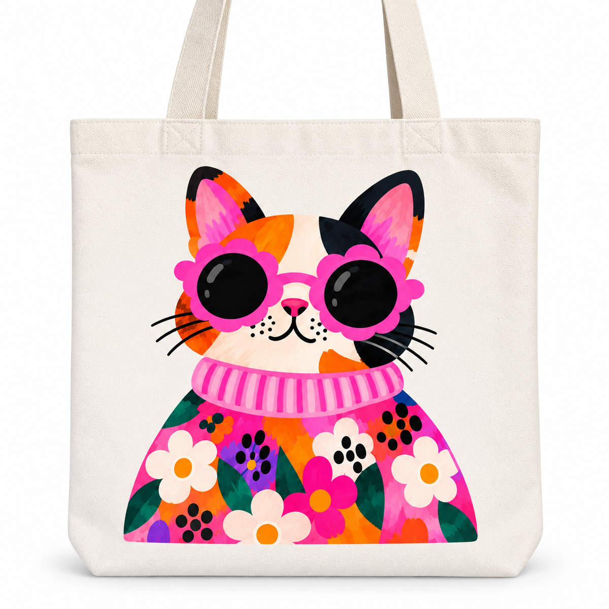 Retro Floral Cat Tote Bag
