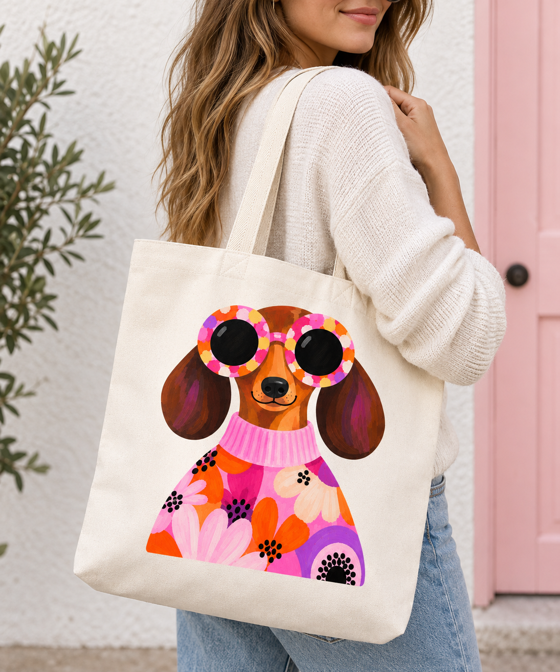 Colourful Floral Dachshund Tote Bag