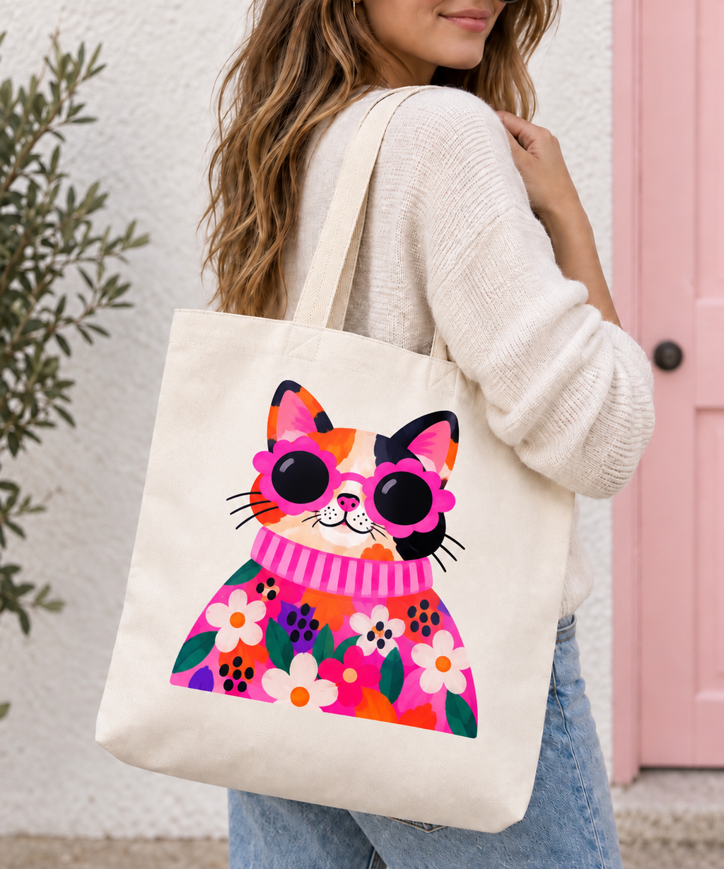 Retro Floral Cat Tote Bag