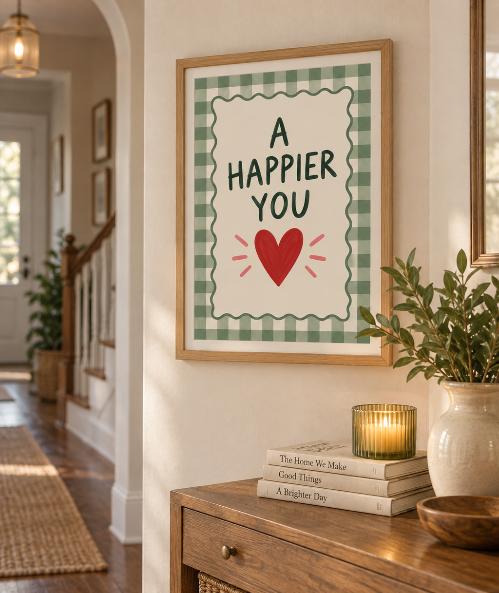 A Happier You Art Print – Green Gingham Heart Wall Art
