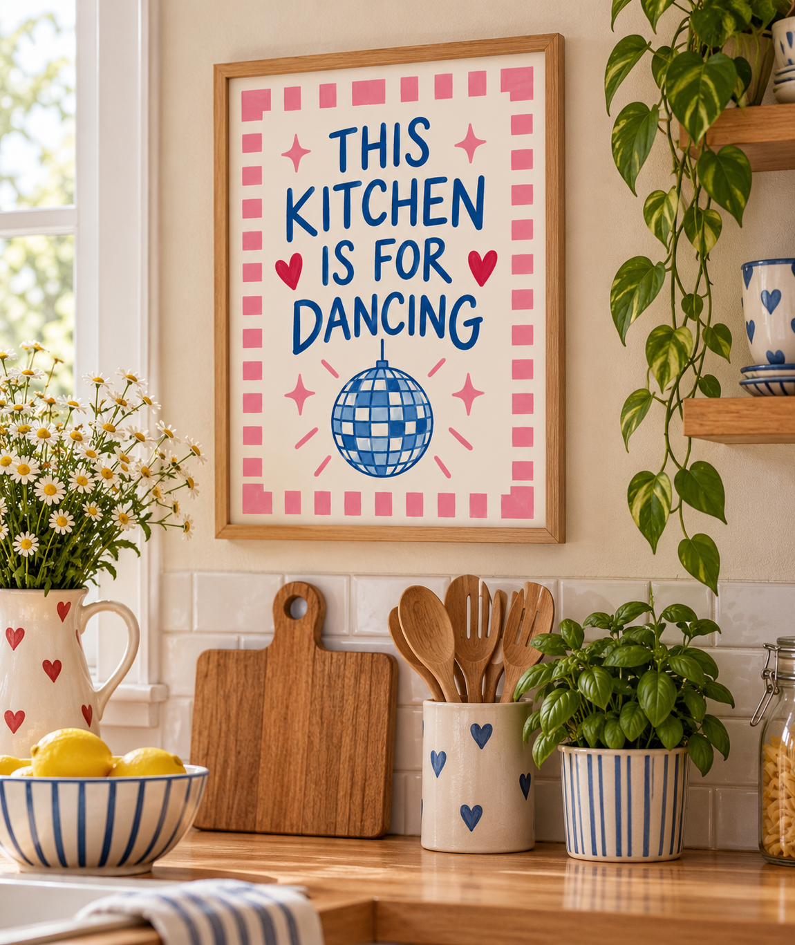 This Kitchen Is for Dancing Art Print – Pink & Blue Disco Wall Art