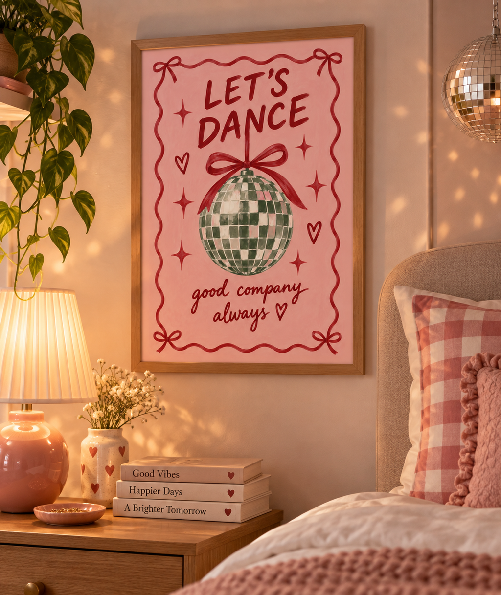 Let’s Dance Disco Ball Art Print – Pink & Red Retro Wall Art