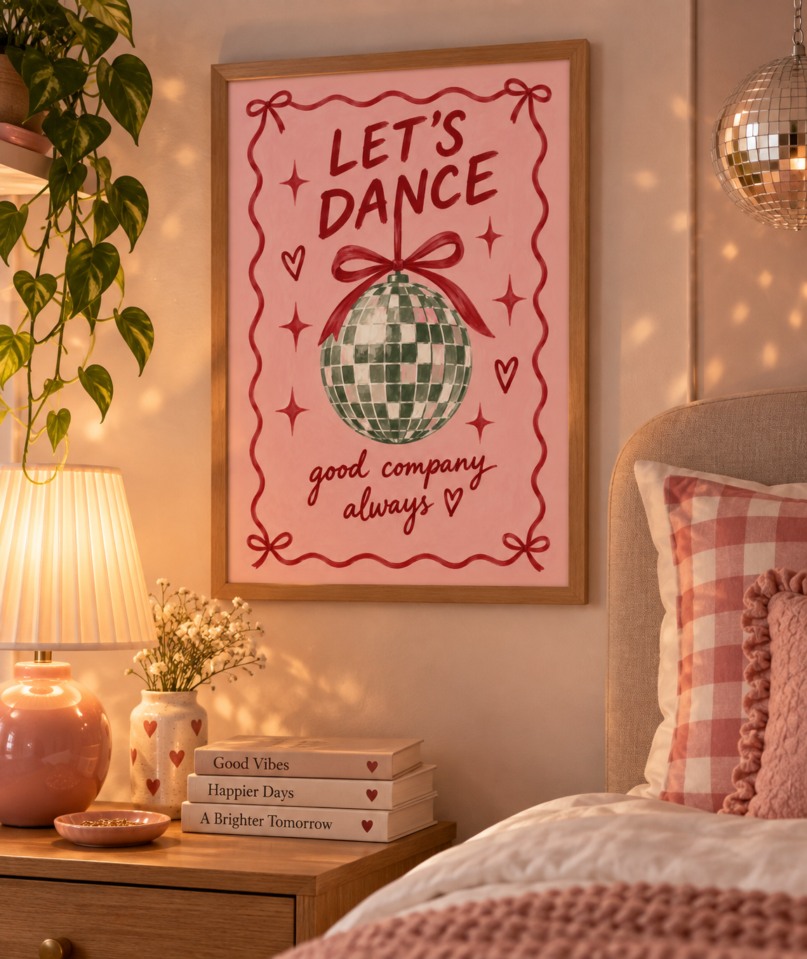Let’s Dance Disco Ball Art Print – Pink & Red Retro Wall Art